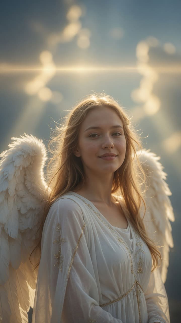 An angel with large white wings standing in golden light above the clouds