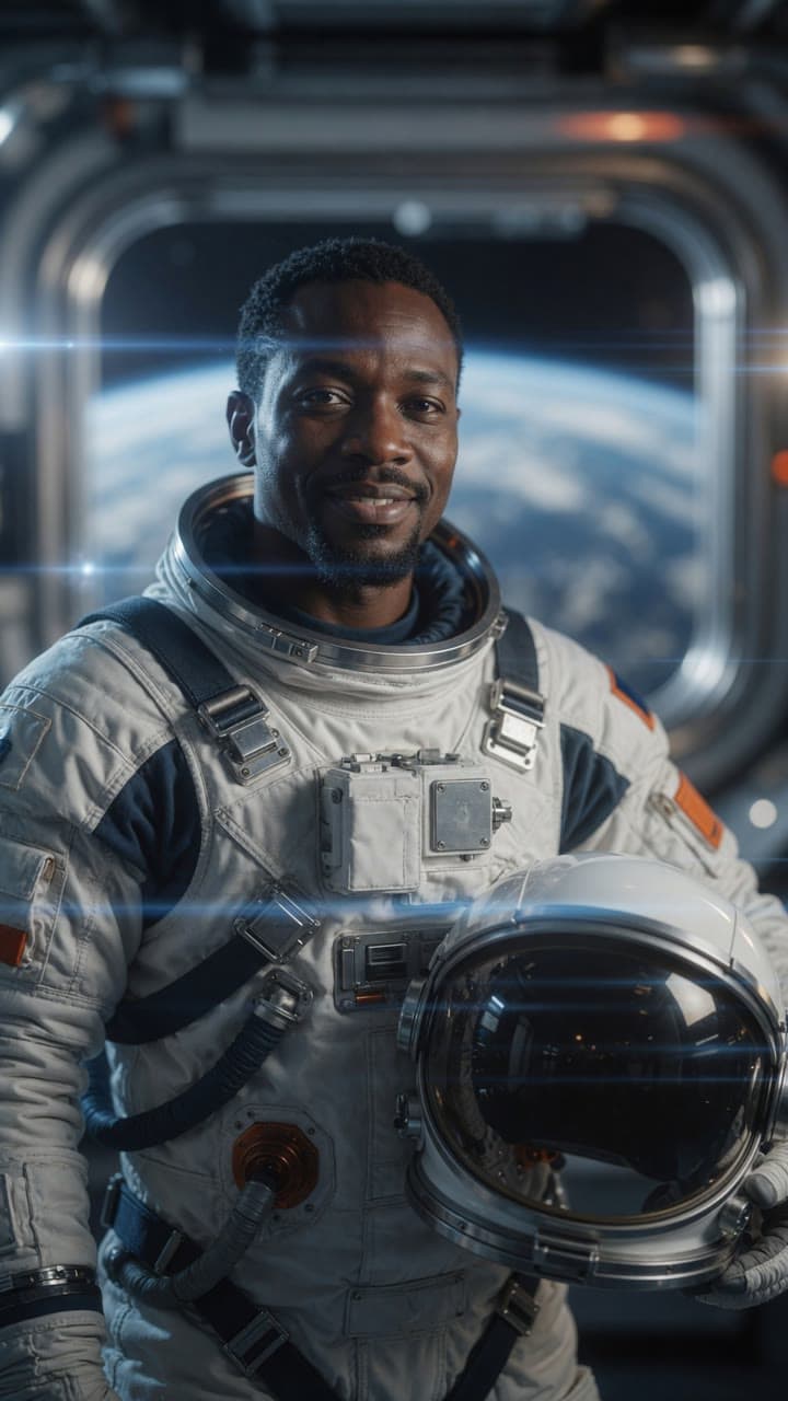 An astronaut holding a helmet with Earth visible through the window