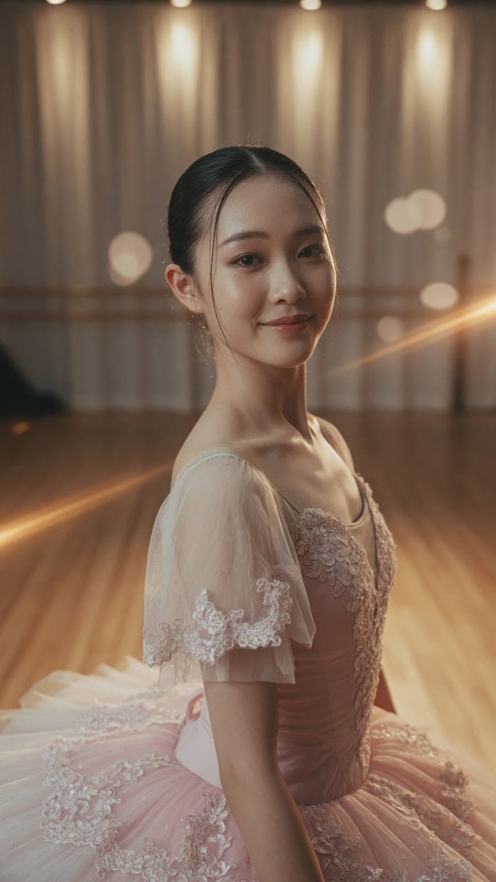 A ballerina in a dance studio with barre and mirror