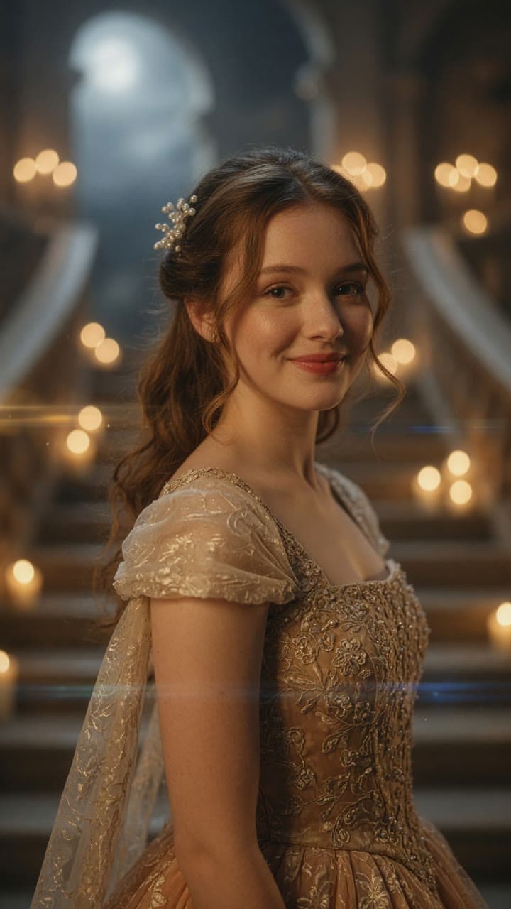 A young woman in a champagne ball gown on a moonlit staircase