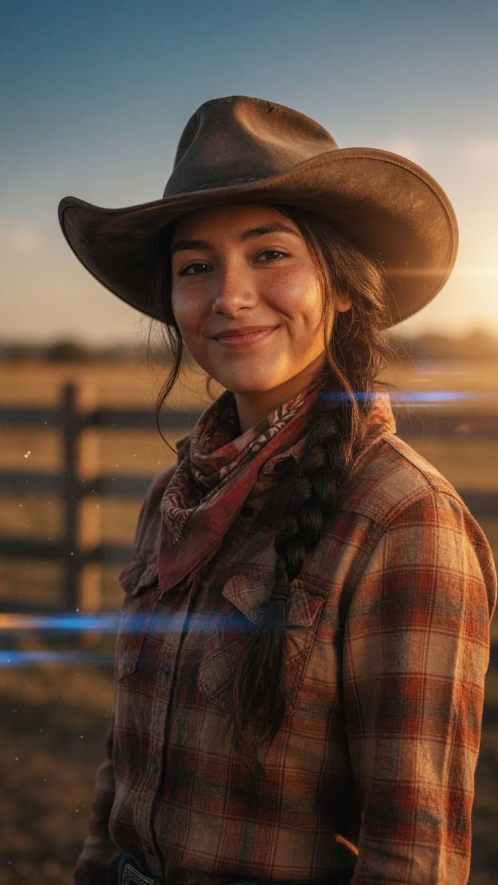 A cowgirl at a ranch fence in golden hour light
