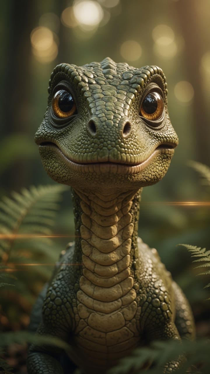 A friendly young dinosaur among giant ferns