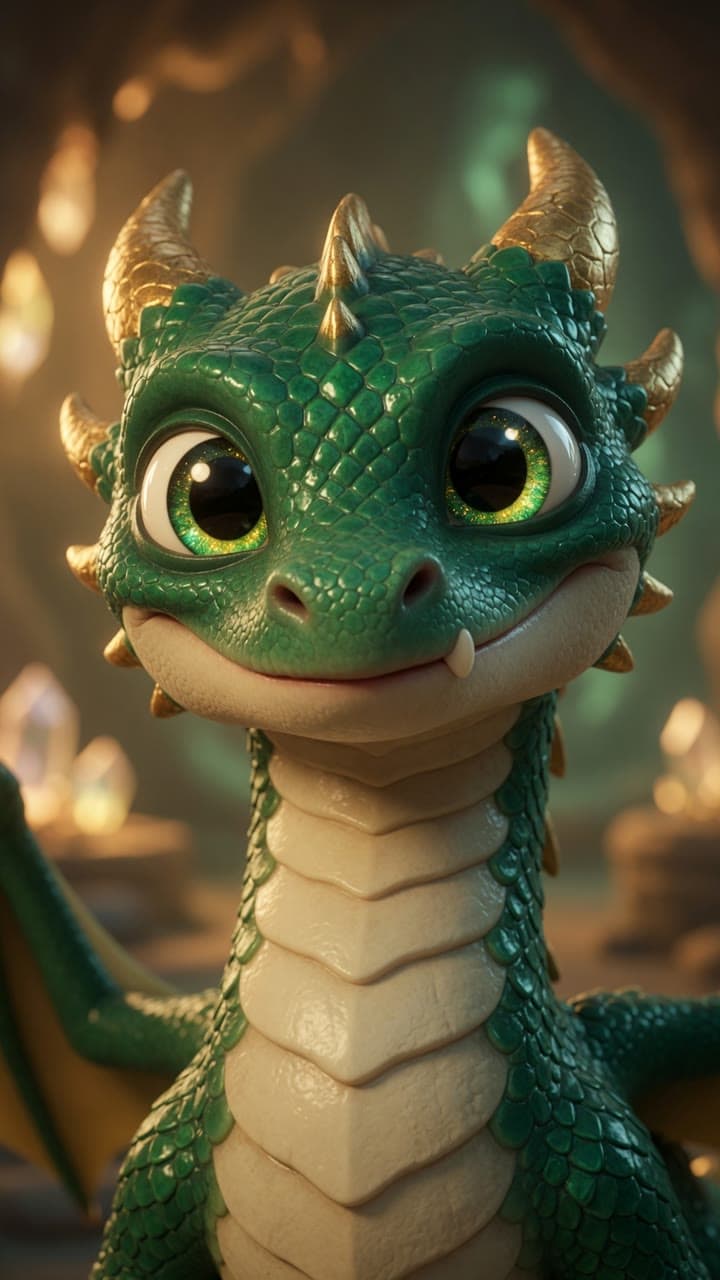 A friendly young dragon with big curious eyes in a crystal cave