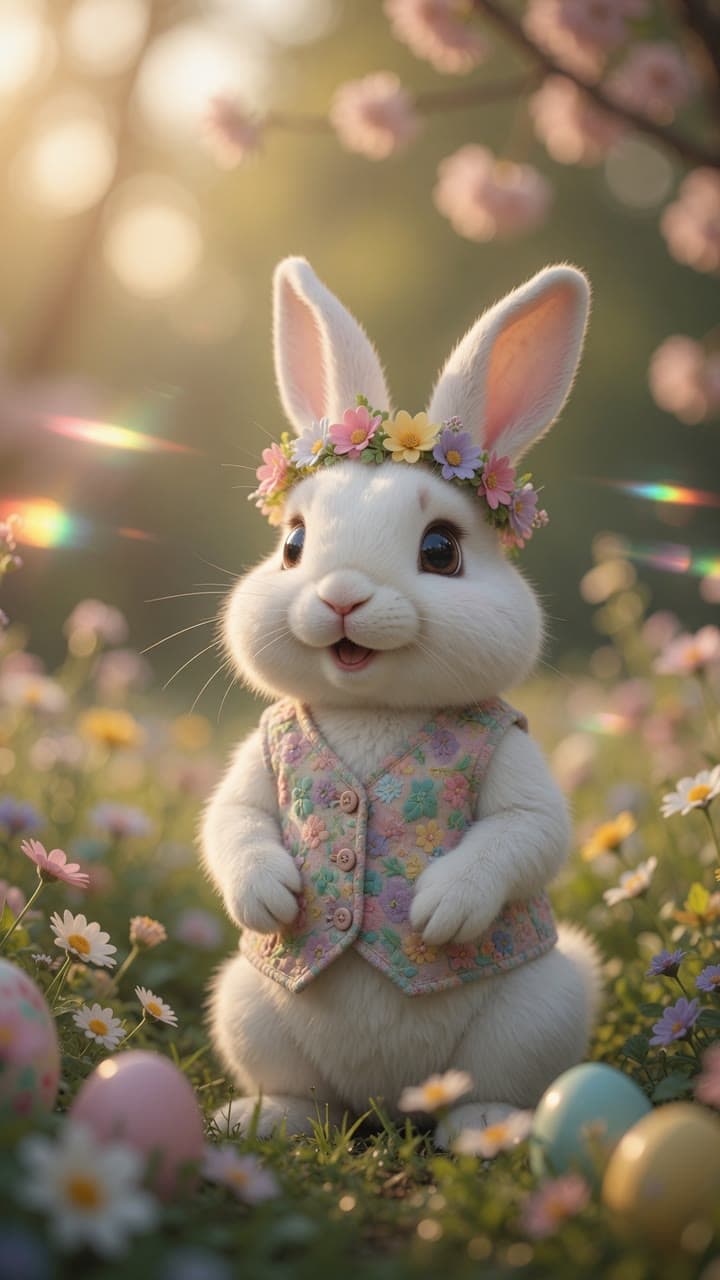 The Easter Bunny in a spring meadow with painted eggs