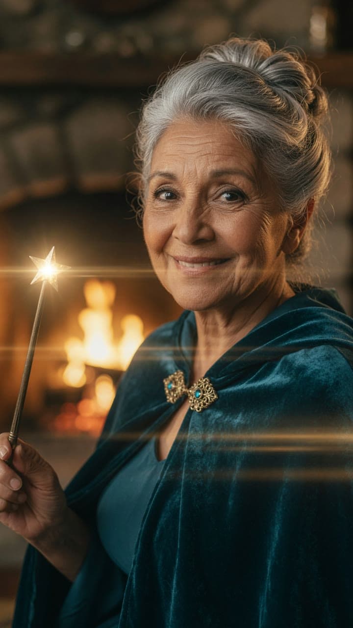 A warm fairy godmother with silver hair and a glowing wand by the hearth