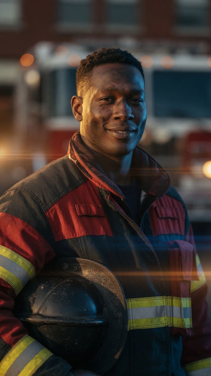 A firefighter in turnout gear holding a helmet outside the station