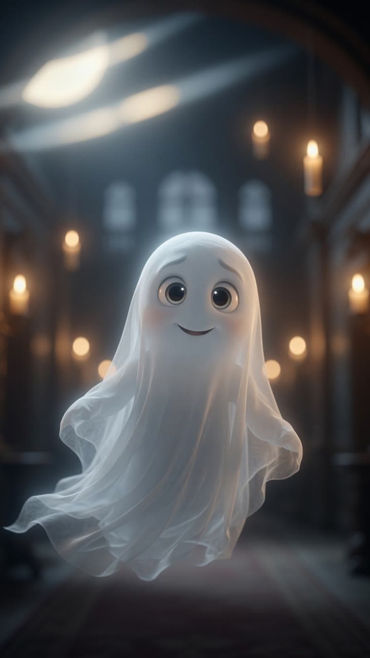 A friendly little ghost floating in a candlelit hallway