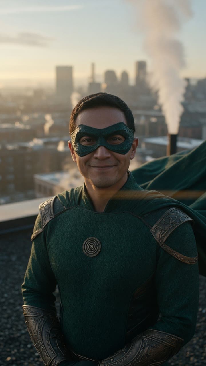 A masked guardian in a green and bronze suit on a city rooftop at dawn