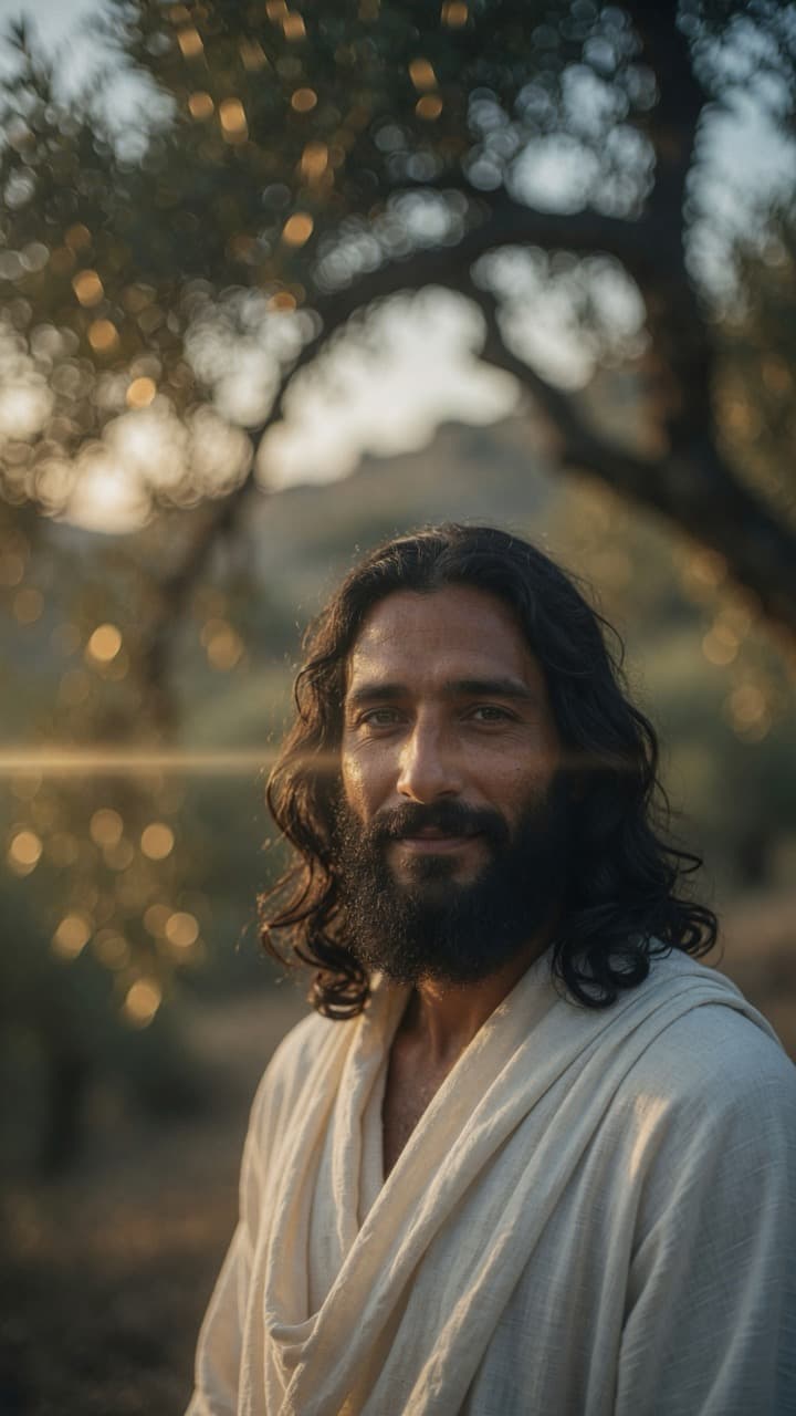 A gentle man in a linen robe among olive trees in golden evening light