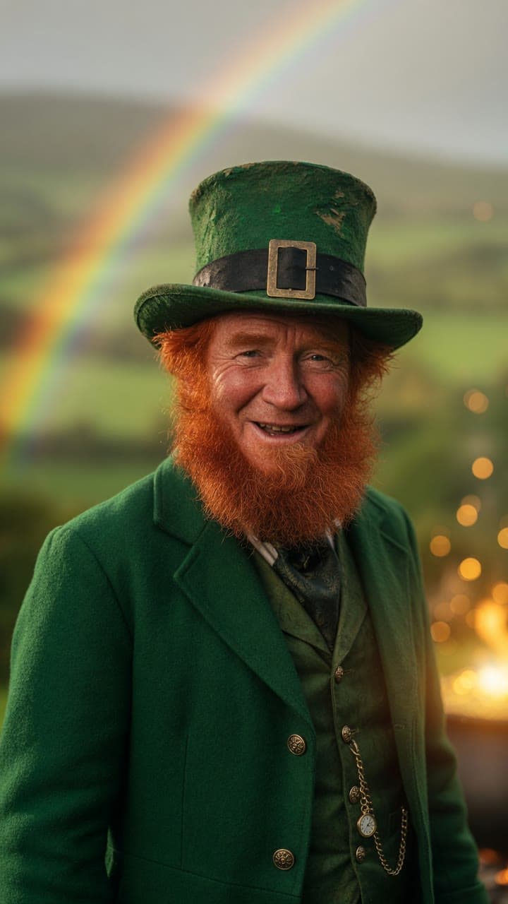A cheerful leprechaun in green under a rainbow over the hills