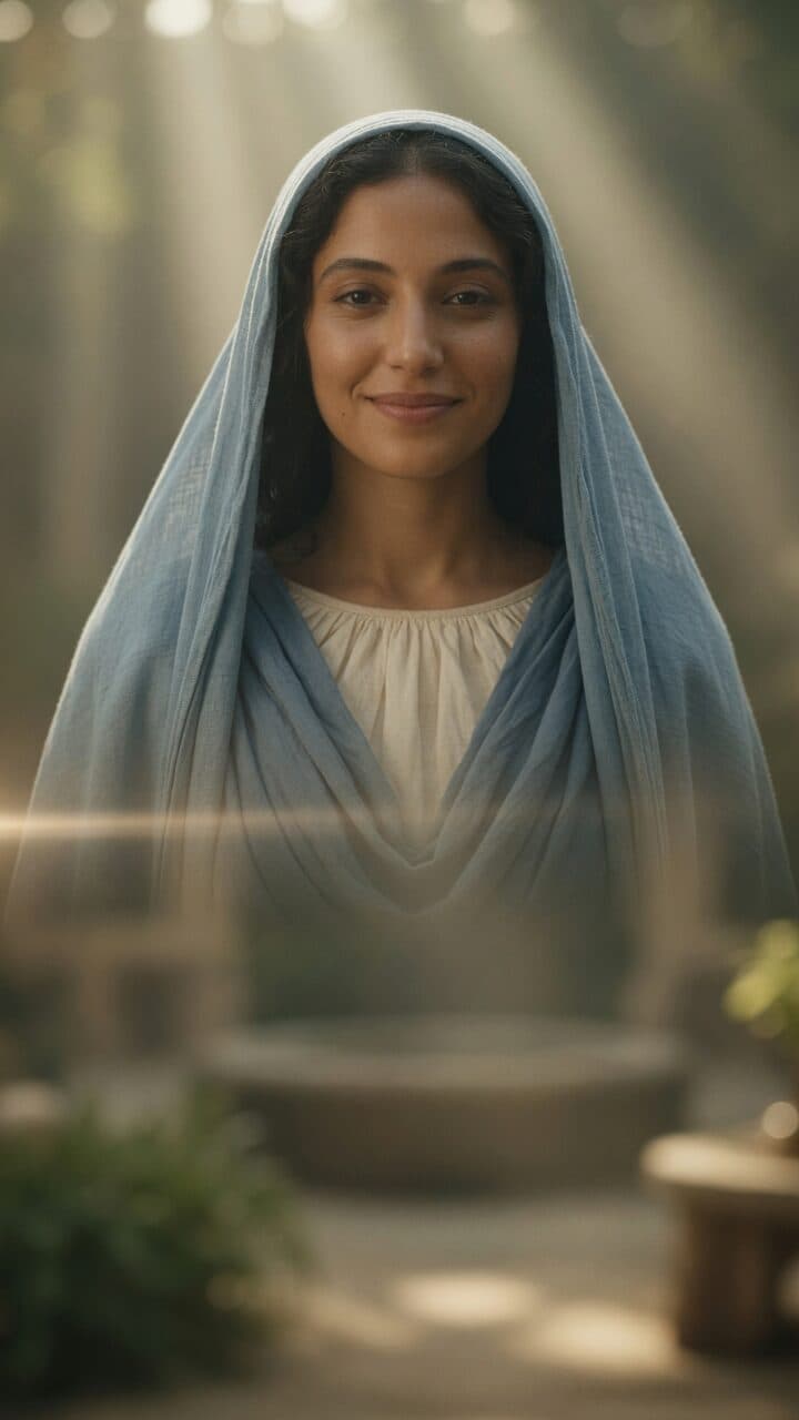 A woman in a soft blue veil smiling in warm daylight