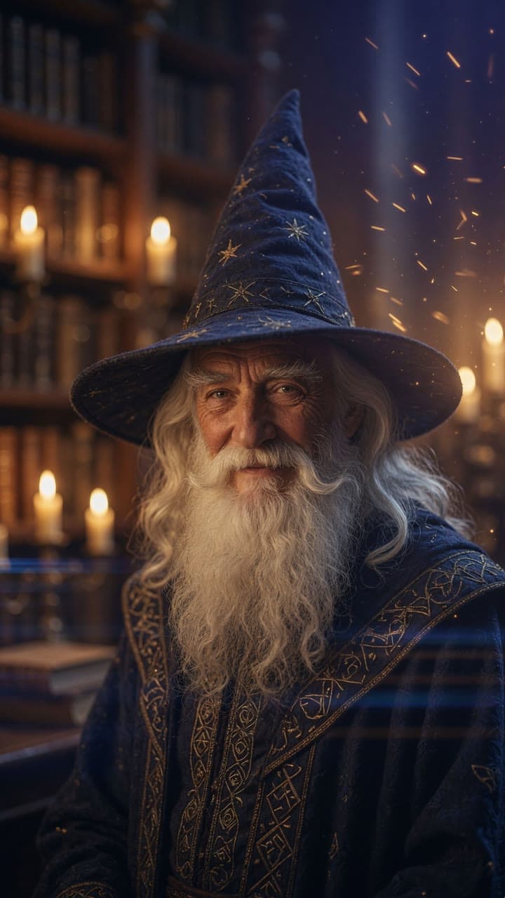 A wise old wizard with a long white beard in a candlelit study