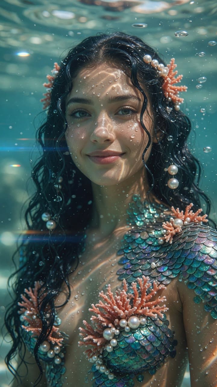 A mermaid with coral and pearls in sunlit shallow water