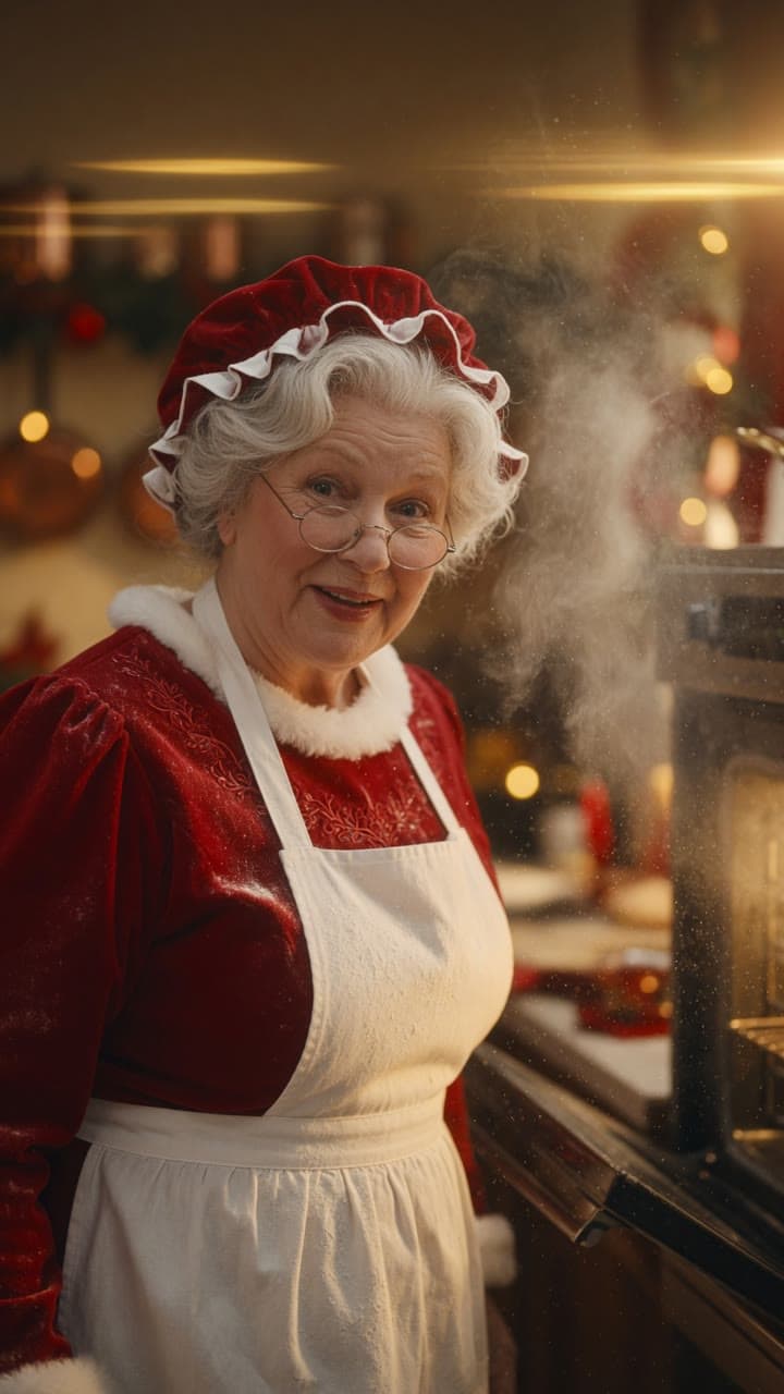Mrs. Claus baking in the North Pole kitchen