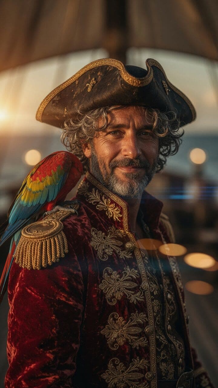A good-humored pirate captain with a parrot on the ship deck at dusk