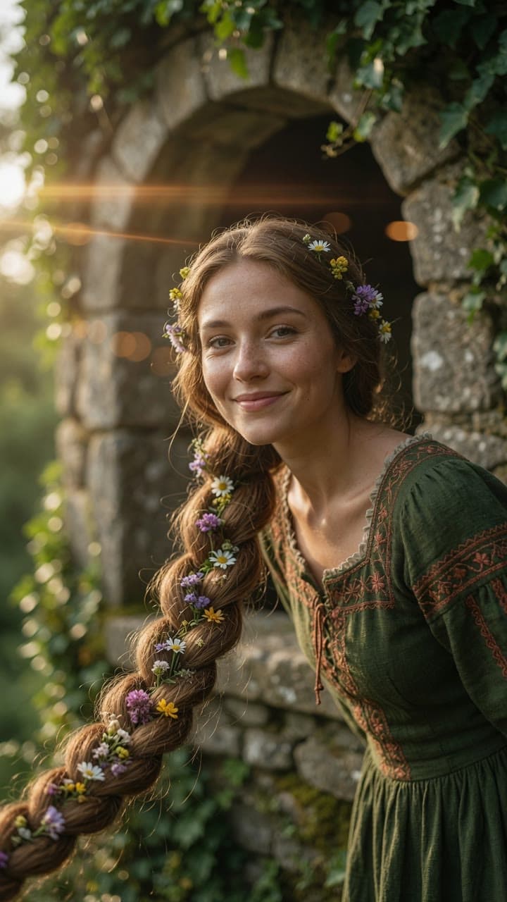 A cheerful young woman with a long flower-woven braid at a tower window