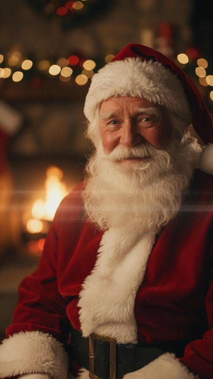 Santa Claus by the fireplace in his workshop