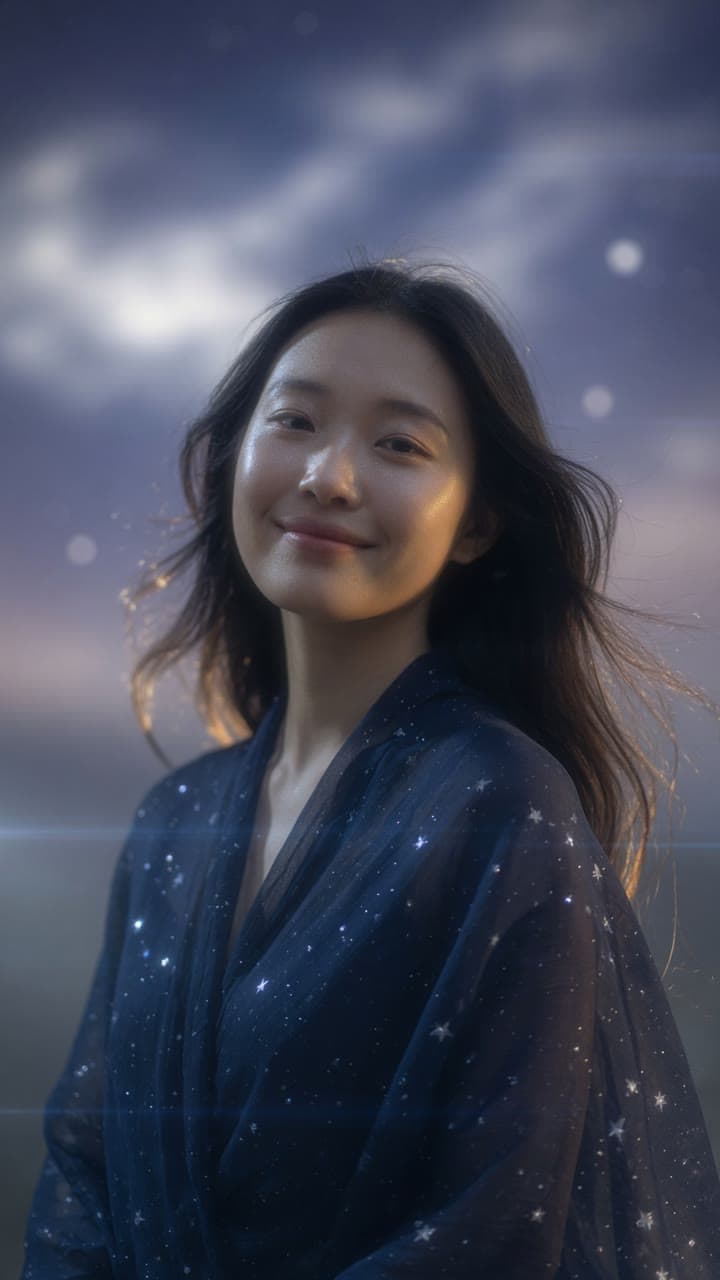 The Sleep Fairy in a star-scattered robe above a sleeping town