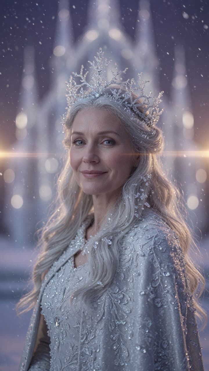 A kind snow queen with a branching ice crown in a hall of ice