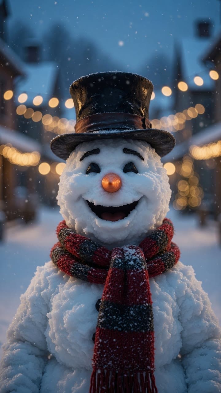 A cheerful snowman with a top hat in a snowy village