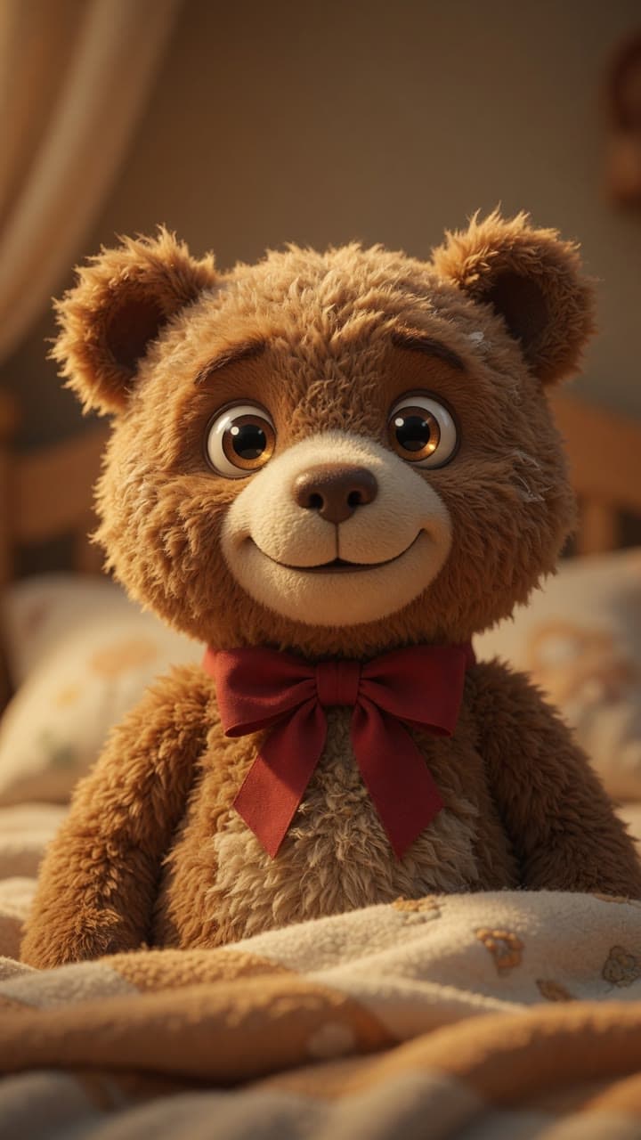A well-loved teddy bear with a red ribbon on a child's bed