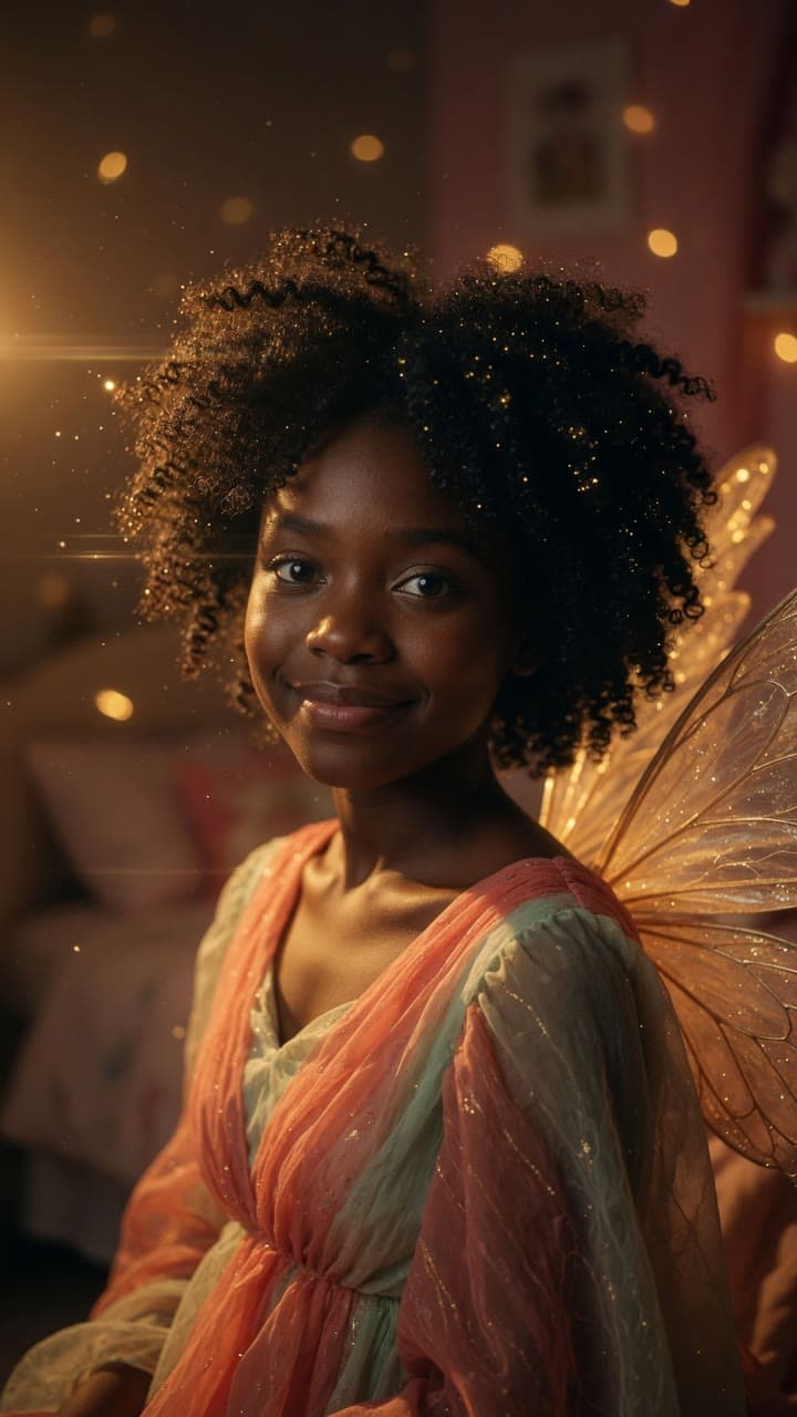 A tooth fairy with golden wings surrounded by warm fairy lights