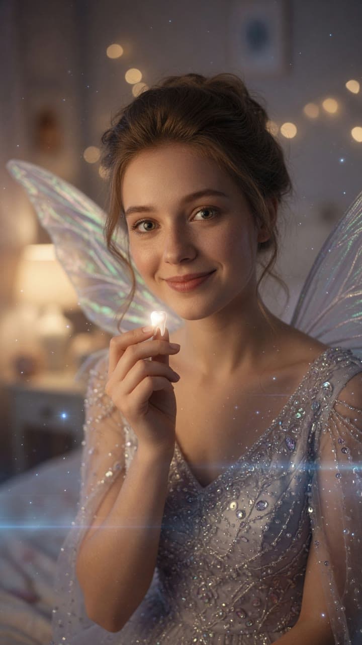 The Tooth Fairy holding a glowing baby tooth in a child's bedroom at night