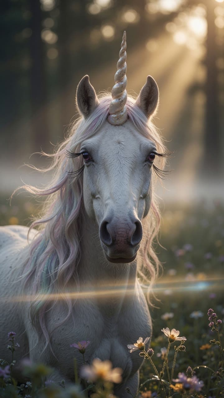 A unicorn with an iridescent mane in a misty dawn meadow